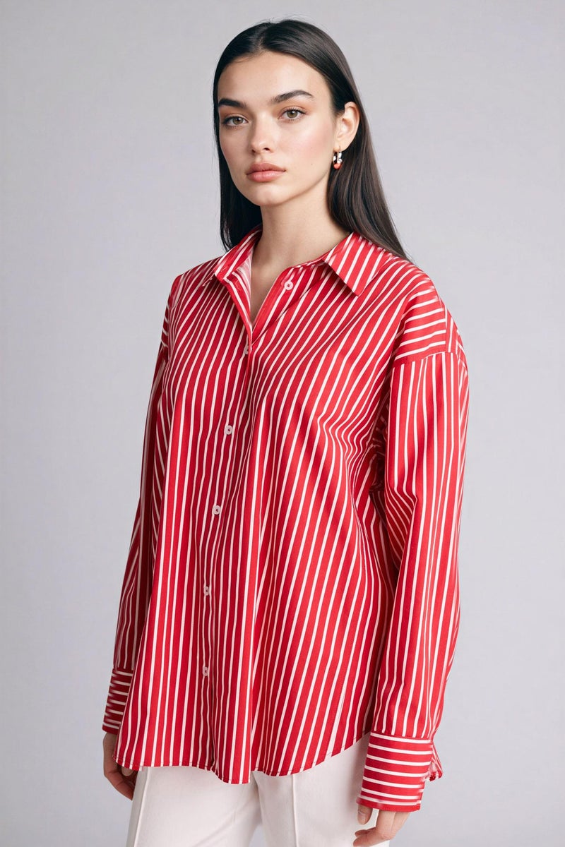 DeFacto Red Woman Oversize Fit Striped Poplin Shirt Casual - Image 3